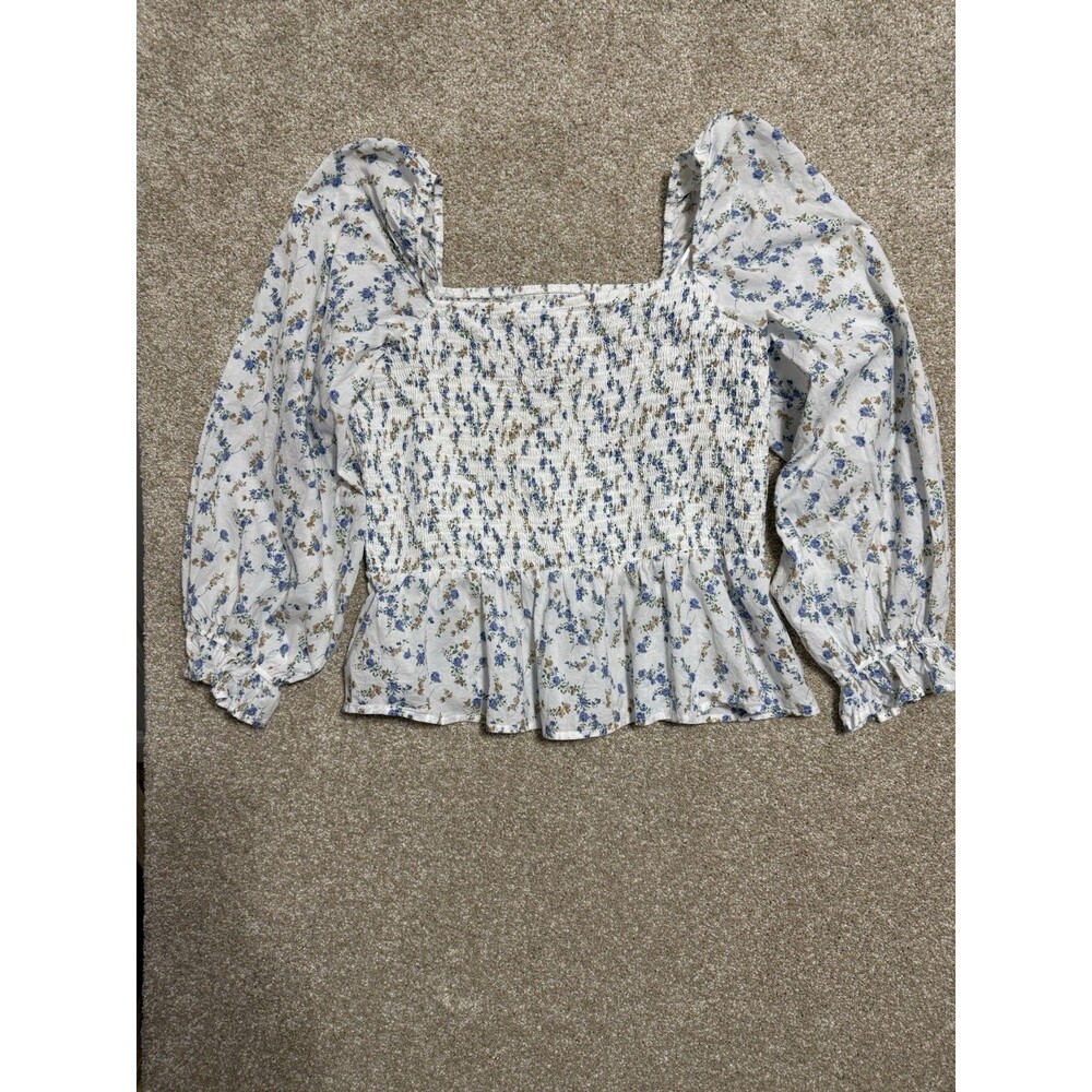 Dizzy Lizzy Blue Floral Peplum Blouse Womens 1X Balloon Sleeve Smocked Boho